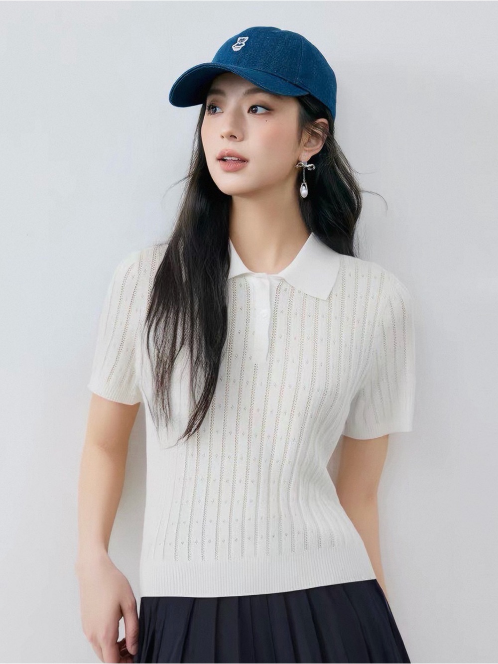 Seifini Women’s White Pointelle Knit Polo Sweater Top NWT Size 90 (Approx. L)